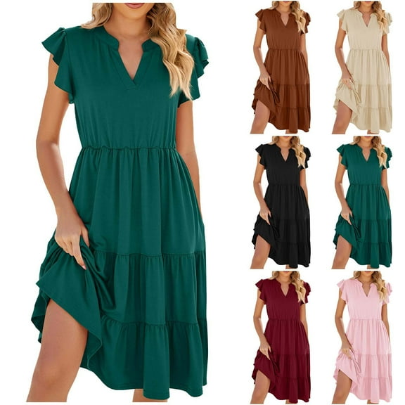 Kmdttou Women's Short Sleeve Loose Plain Dresses Women's V-neck Ruffle Sleeve Short Sleeved Solid Color Casual Dress
