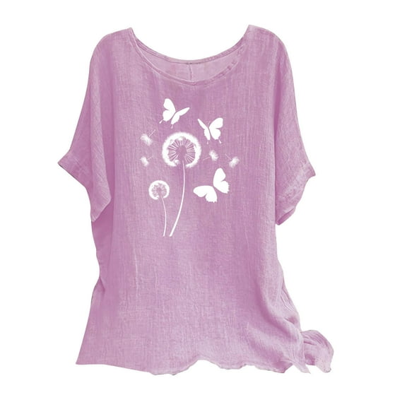 Women's Soft and Thin Linen Tops Fashion Print Tees Casual Crew Neck Raglan Short Sleeve Loose T Shirt Linen Top Blouses