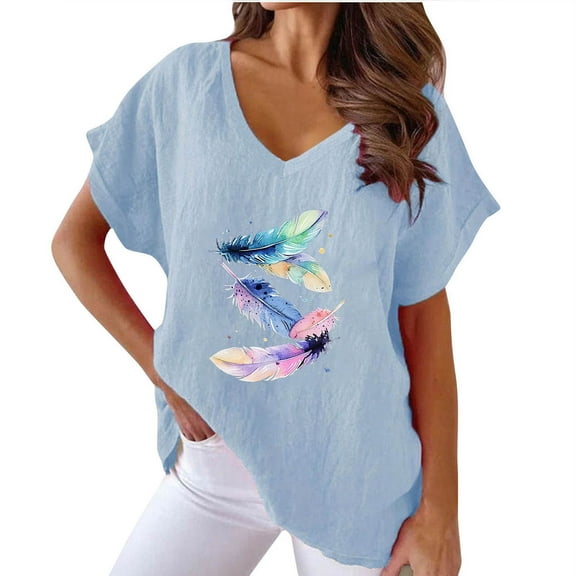 Women's Soft and Thin Linen Tops V-neck Print T-Shirt Fashion Comfortable Female Blouses