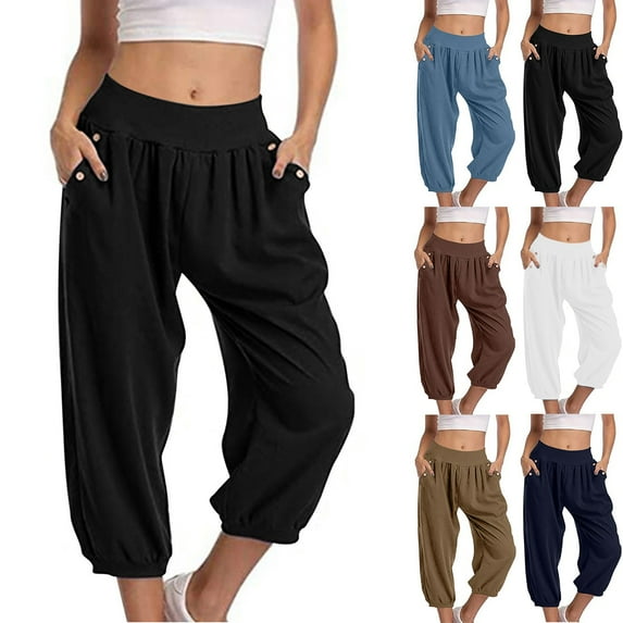 Kmdttou Women's Solid Color Pocket Leggings Cropped Pants Casual Women's Cropped Pants Cropped Pants Cropped Pants