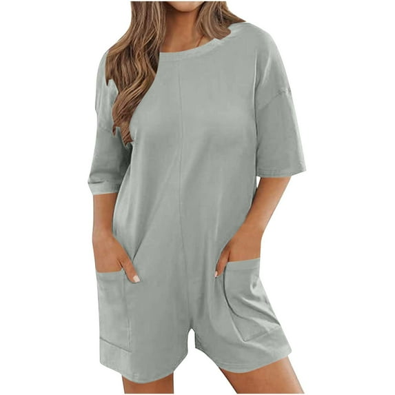 Kmdttou Women's Solid Oversized Athletic Tee Romper Back V Neck Half Short Sleeve Wearing Both Front And Back Workout Rompers Casual Shorts Jumpsuit With Pockets with Pockets Clothes on Clearance!