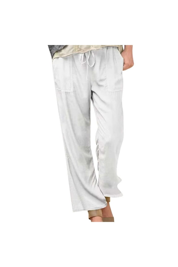 Women's Spring And Solid Color Elastic Waist Cotton Linen Versatile Straight Tube Casual Wide Leg Pants