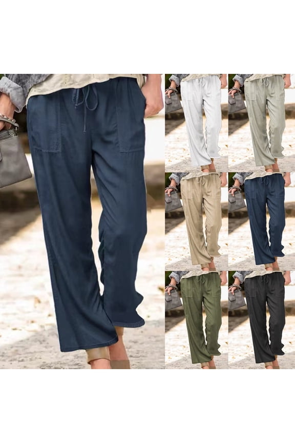 Women's Spring And Solid Color Elastic Waist Cotton Linen Versatile Straight Tube Casual Wide Leg Pants