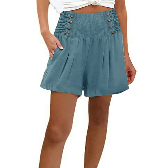 Kmdttou Women's Stretch Shorts for Yoga Cotton And Linen Comfortable And Fashionable Straight Leg High Waisted Solid Color Pocket Beach Shorts on Clearance,Sky Blue 2XL