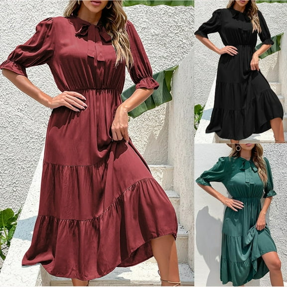 Kmdttou Women's Summer Casual Sexy FashionShort Sleeve Round Neck Solid Color Pleated Dress,Chic Day Dresses for Ladies Summer Wear