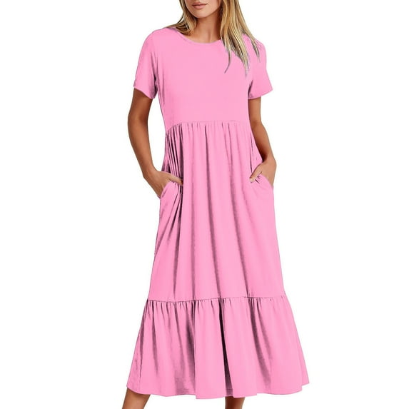 Kmdttou Women's Summer Casual Short Sleeve Crewneck Dress Casual Flowy Tiered Maxi Beach Dress With Pockets,Chic Day Dresses for Ladies Summer Wear