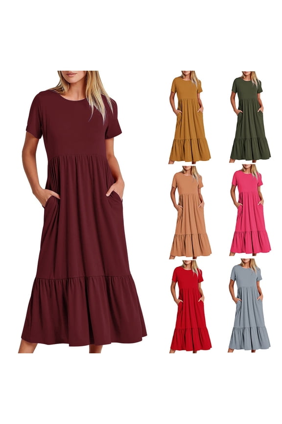 Women's Summer Casual Short Sleeve Crewneck Dress Casual Flowy Tiered Maxi Beach Dress With Pockets,Women's Long Dresses Flowy Maxi for Beach