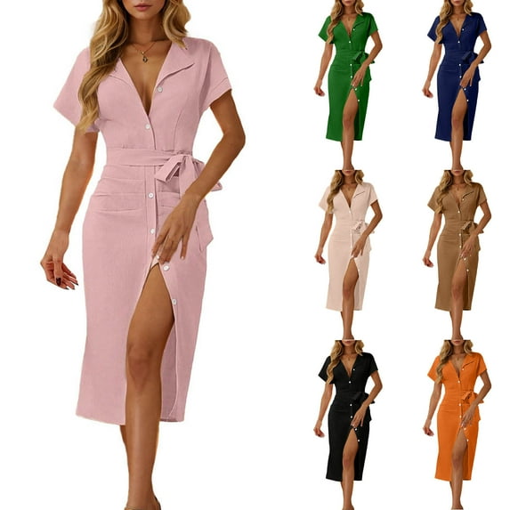 Kmdttou Women's Summer Casual Solid Color V-Neck Short Sleeve-Breasted Lace-Up Slim Midi Skirt,Women's Long Dresses Flowy Maxi for Beach