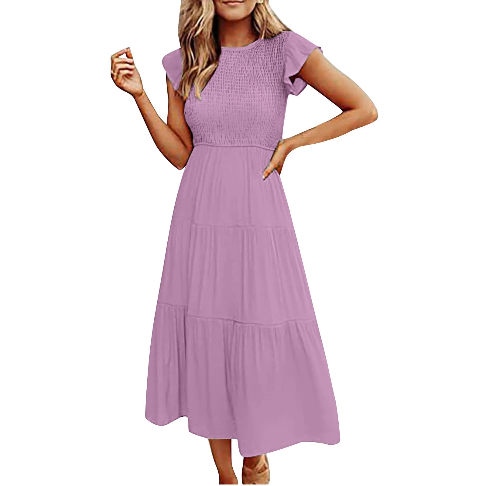 Kmdttou Women's Summer Fashion Casual Round-Neck Short Sleeve Solid ...