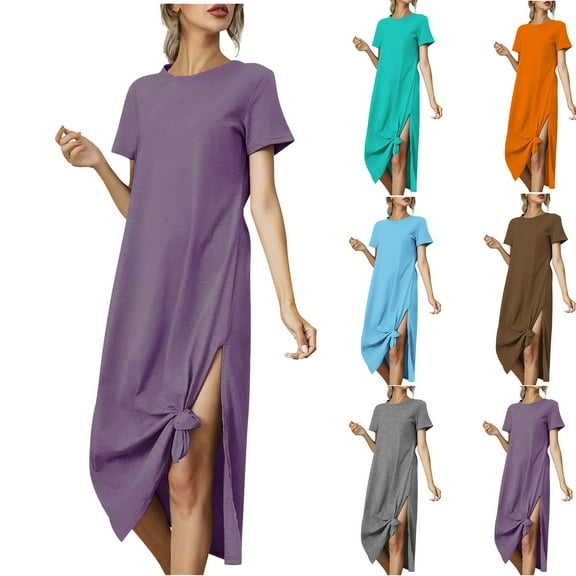 Kmdttou Women's Summer Fashion Loose Short Sleeve Round Neck Solid Color Dress,Fashionable Casual Dresses for Women 2025