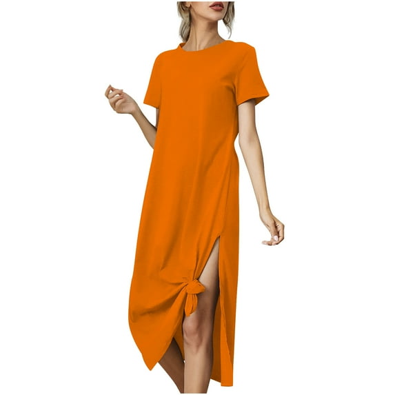 Kmdttou Women's Summer Fashion Loose Short Sleeve Round Neck Solid Color Dress,Fashionable Casual Dresses for Women 2025