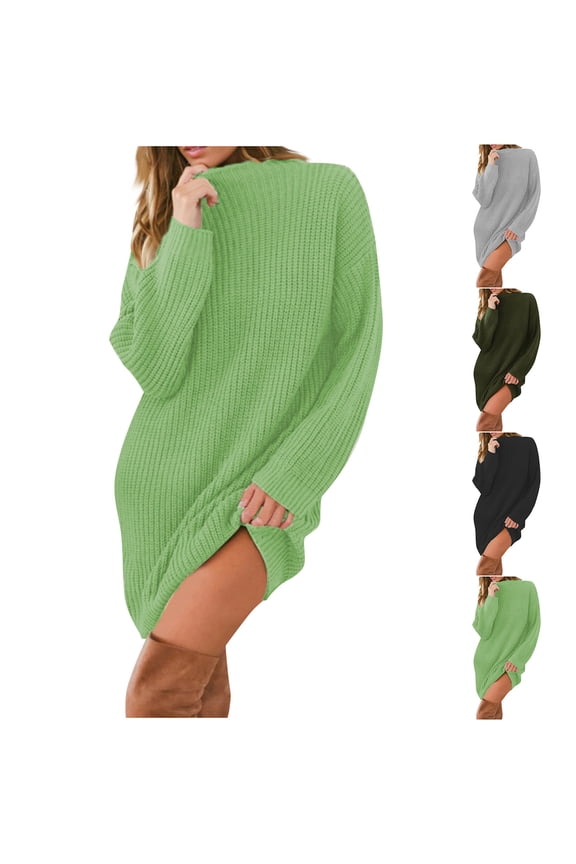 Women's Summer Fashion Plus Size Solid Color Knitted Long Sleeved Semi High Neck Loose Casual Dress,Chic Day Dresses for Ladies Summer Wear