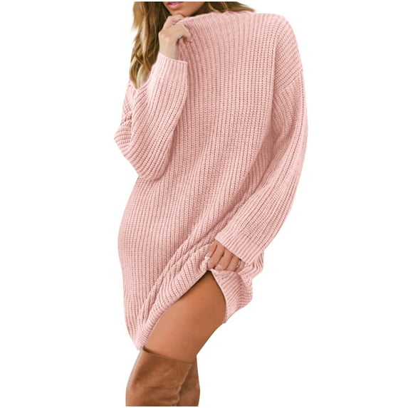 Kmdttou Women's Summer Fashion Plus Size Solid Color Knitted Long Sleeved Semi High Neck Loose Casual Dress,Women's Long Dresses Flowy Maxi for Beach