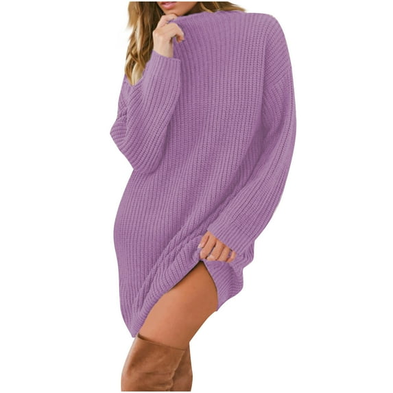 Kmdttou Women's Summer Fashion Plus Size Solid Color Knitted Long Sleeved Semi High Neck Loose Casual Dress,Women's Long Dresses Flowy Maxi for Beach