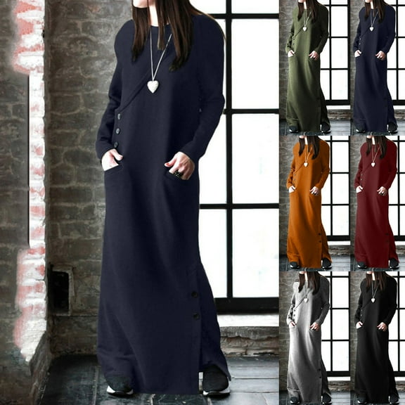 Kmdttou Women's Summer Fashion Round Neck Winter Warm Color Long Sleeve Pocket Long Dress,Women's Long Dresses Flowy Maxi for Beach