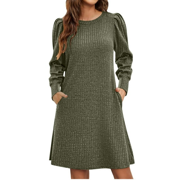 Kmdttou Women's Summer Fashion Solid Color Round Neck Knit Dress Puff Long Sleeve Dress Long With Pocket,Fashionable Casual Dresses for Women 2025