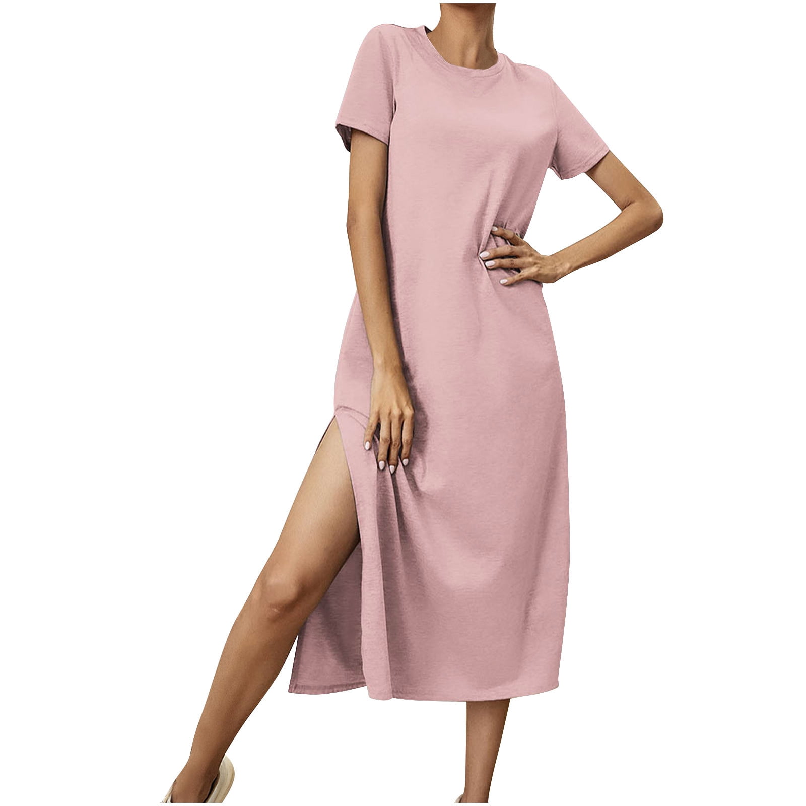 Kmdttou Women's Summer FashionLoose Short Sleeve Round Neck Solid Color ...