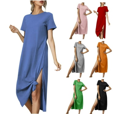 Kmdttou Women's Summer FashionLoose Short Sleeve Round Neck Solid Color Dress,Chic Day Dresses for Ladies Summer Wear