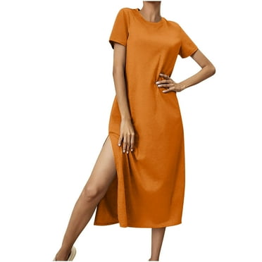 Kmdttou Women's Summer FashionLoose Short Sleeve Round Neck Solid Color Dress,Chic Day Dresses for Ladies Summer Wear