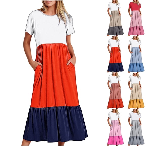 Kmdttou Women's Summer Fashionable Short Sleeve Pocket Round Neck Printing Loose Long Dress,Fashionable Casual Dresses for Women 2025
