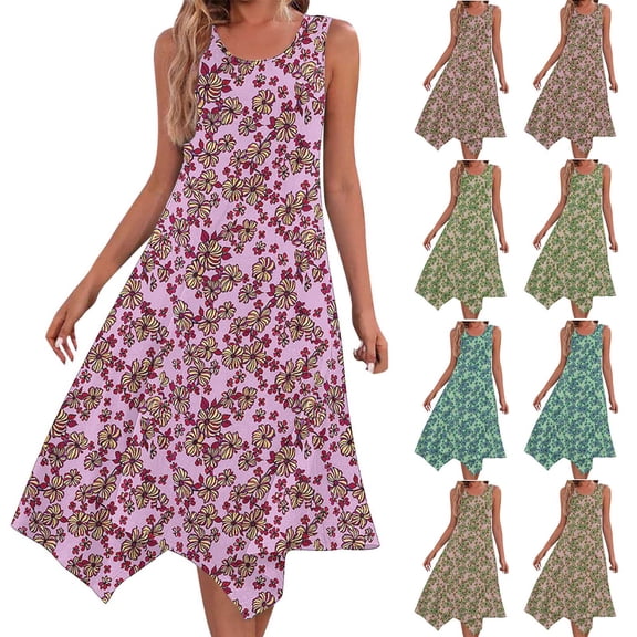Kmdttou Women's Summer Floral Boho Dress Print Sleeveless Pocket Irregular Hem Round Neck Dress (Size:S-2XL)