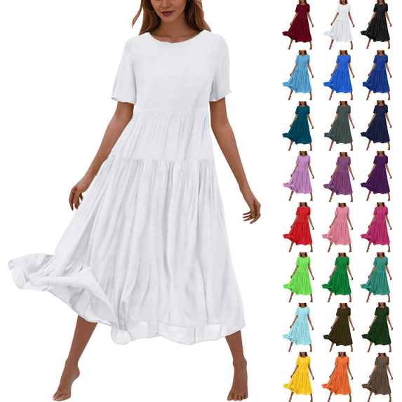 Kmdttou Women's Summer Flower Solid Color Casual Short Sleeve Crewneck Dress Casual Flowy Tiered Maxi Beach Dress,Chic Day Dresses for Ladies Summer Wear
