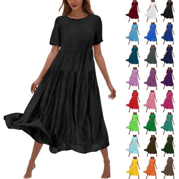 Kmdttou Women's Summer Flower Solid Color Casual Short Sleeve Crewneck Dress Casual Flowy Tiered Maxi Beach Dress,Chic Day Dresses for Ladies Summer Wear