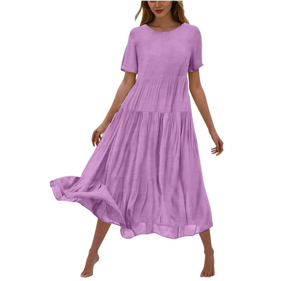 Kmdttou Women's Summer Flower Solid Color Casual Short Sleeve Crewneck Dress Casual Flowy Tiered Maxi Beach Dress,Chic Day Dresses for Ladies Summer Wear