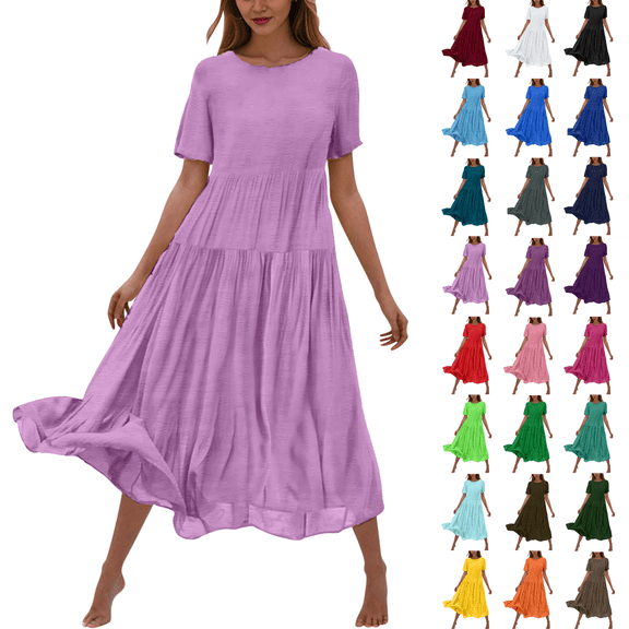Kmdttou Women's Summer Flower Solid Color Casual Short Sleeve Crewneck Dress Casual Flowy Tiered Maxi Beach Dress,Chic Day Dresses for Ladies Summer Wear