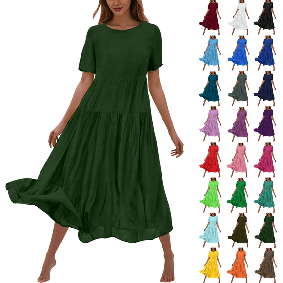 Kmdttou Women's Summer Flower Solid Color Casual Short Sleeve Crewneck Dress Casual Flowy Tiered Maxi Beach Dress,Chic Day Dresses for Ladies Summer Wear