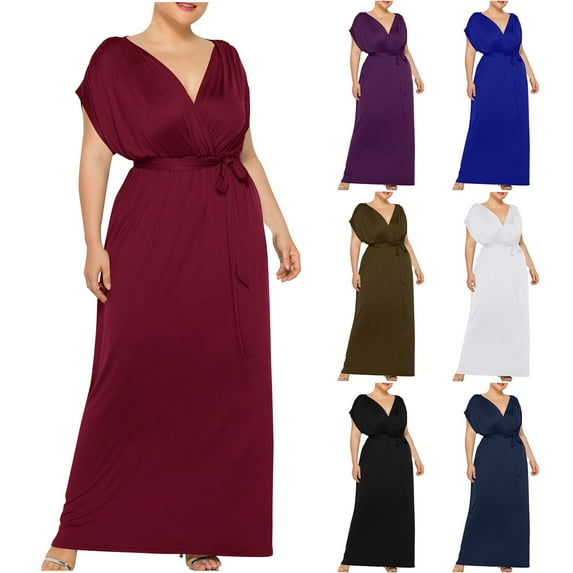 Kmdttou Women's Summer Plus-size Solid Color V-neck Loose Dress Short Sleeve Round Neck Ankle-length Dress,Chic Day Dresses for Ladies Summer Wear