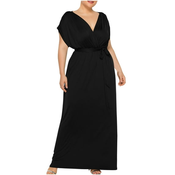 Kmdttou Women's Summer Plus-size Solid Color V-neck Loose Dress Short Sleeve Round Neck Ankle-length Dress,Chic Day Dresses for Ladies Summer Wear