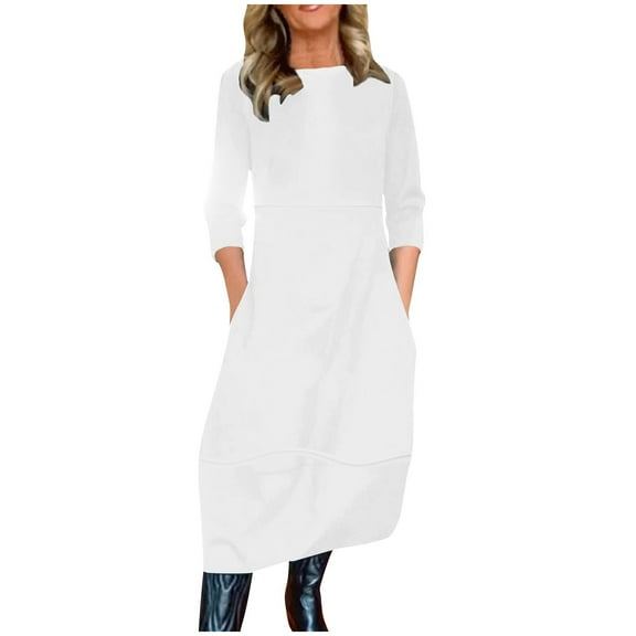 Kmdttou Women's Summer Short Sleeve Casual Dresses Fashion Casual Solid Color Long Sleeve Round Dress with Pockets (Size:S-5XL)