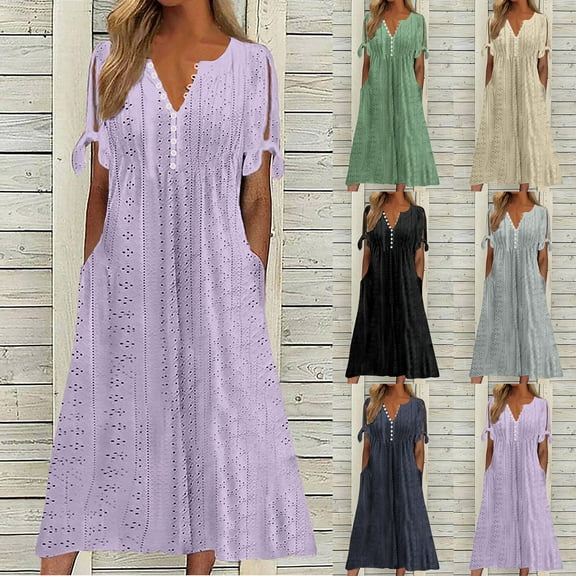 Kmdttou Women's Summer Short Sleeve Casual Dresses Fashion Summer Casual V-Neck Short Sleeve Button Long Dress with Pockets (Size:S-3XL)