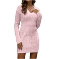 thumbnail image 1 of Kmdttou Women's Summer Solid Color Casual Loose Knitwear Pullover V-Neck Long Sleeve Sweater Tops Blouse Dress,Chic Day Dresses for Ladies Summer Wear, 1 of 7