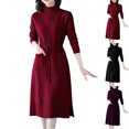 thumbnail image 1 of Kmdttou Women's Summer Solid Color Lace Up Waist Cinching Knitted Loose Versatile High Neck Long Sweater Dress,Fashionable Casual Dresses for Women 2025, 1 of 9