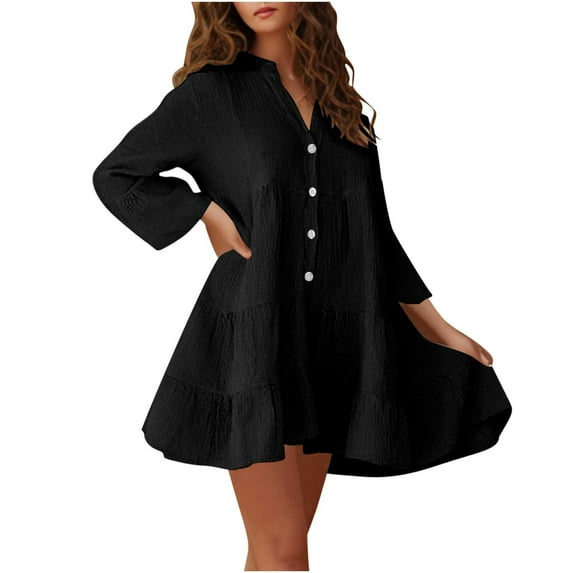 Kmdttou Women's Summer Solid Color Trumpet Sleeve Pleated Button Long Sleeved V-Neck Dress,Fashionable Casual Dresses for Women 2025