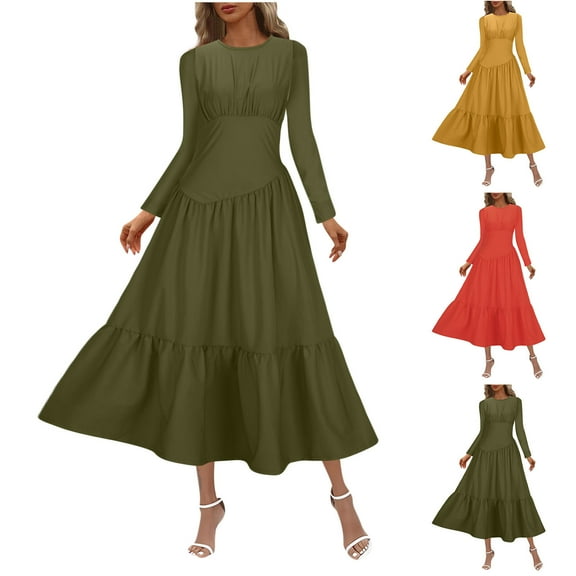 Kmdttou Women's Summer Solid Color Waist Style Round Neck Long Sleeved Dress,Chic Day Dresses for Ladies Summer Wear