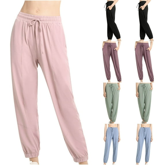 Kmdttou Women's Yoga Pants Leggings with Pockets for Women Summer Solid Ice Silk Sunscreen Draping Quick Drying Drawstring Loose Bundle Yoga Sports Pants