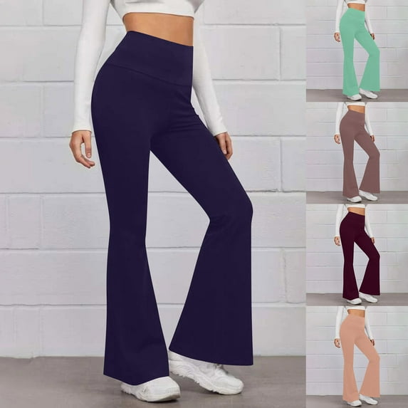 Kmdttou Women's Yoga Pants Leggings with Pockets for Women Solid Color Tight Fitting Hip Shaping Flared Pants Yoga Pants
