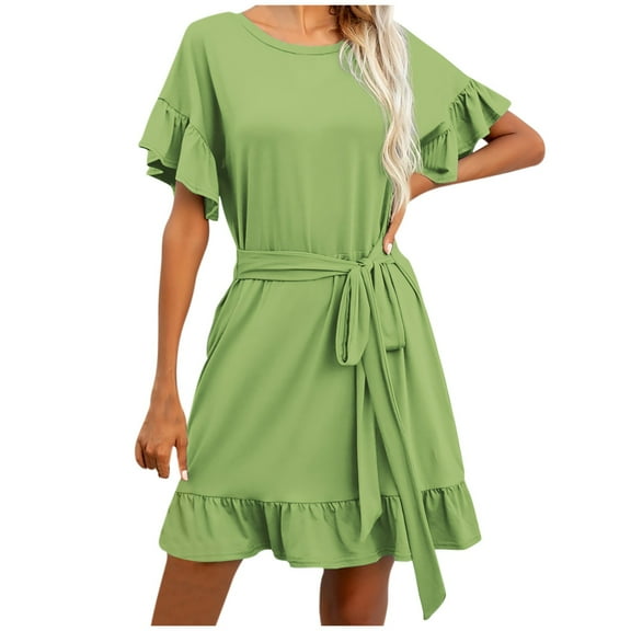 Kmdttou Womens Casual Short Sleeve Summer Waist Tie Double Layer Ruffle V-Neck Bandage Tunic Solid Dress,Chic Day Dresses for Ladies Summer Wear