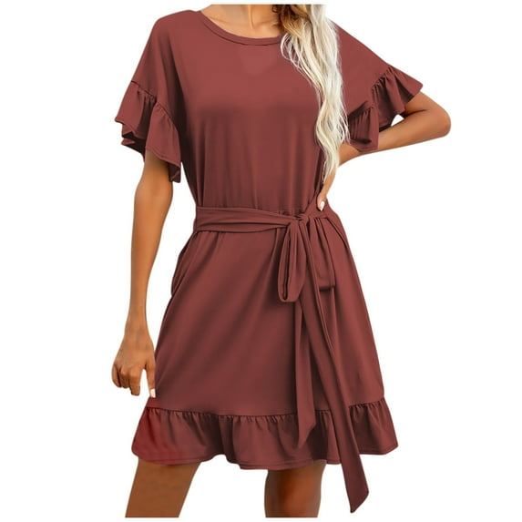 Kmdttou Womens Casual Short Sleeve Summer Waist Tie Double Layer Ruffle V-Neck Bandage Tunic Solid Dress,Chic Day Dresses for Ladies Summer Wear