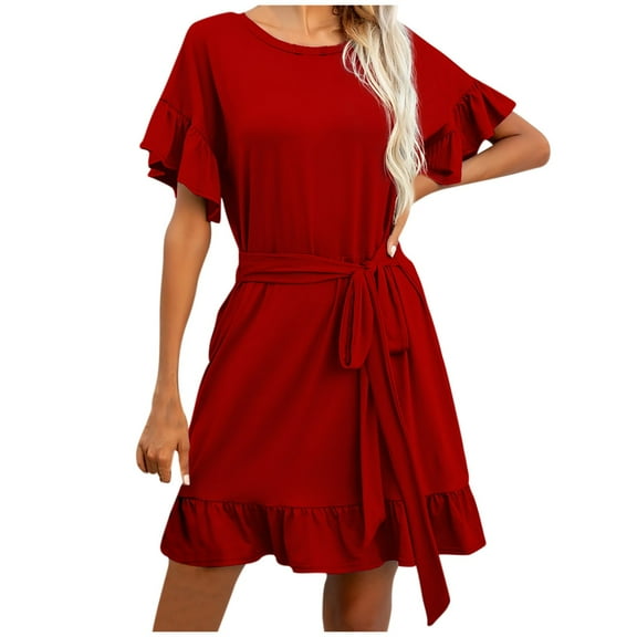 Kmdttou Womens Casual Short Sleeve Summer Waist Tie Double Layer Ruffle V-Neck Bandage Tunic Solid Dress,Chic Day Dresses for Ladies Summer Wear