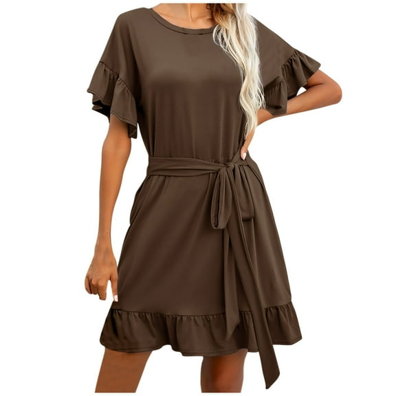 Kmdttou Womens Casual Short Sleeve Summer Waist Tie Double Layer Ruffle V-Neck Bandage Tunic Solid Dress,Women's Long Dresses Flowy Maxi for Beach