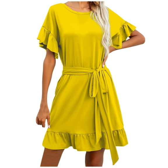 Kmdttou Womens Casual Short Sleeve Summer Waist Tie Double Layer Ruffle V-Neck Bandage Tunic Solid Dress,Women's Long Dresses Flowy Maxi for Beach