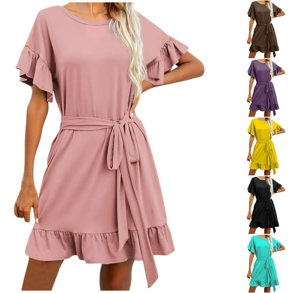 Kmdttou Womens Casual Short Sleeve Summer Waist Tie Double Layer Ruffle V-Neck Bandage Tunic Solid Dress,Women's Long Dresses Flowy Maxi for Beach