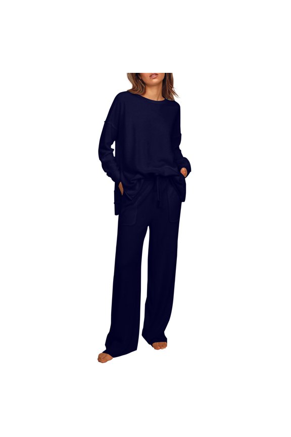 Womens Fashion 2025 New Solid Color Round-Neck Blouses Loose Long Pants Elastic Waist Pockets Two Piece Set