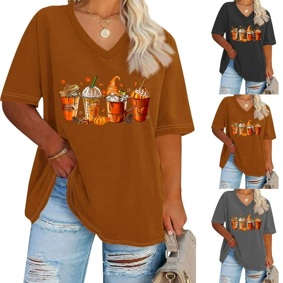 Womens Plus Size Casual T-Shirts Basic Tops Large V-neck Thanksgiving Pumpkin Short Sleeve Solid Color Summer Base T-shirt (Size:XL-5XL)