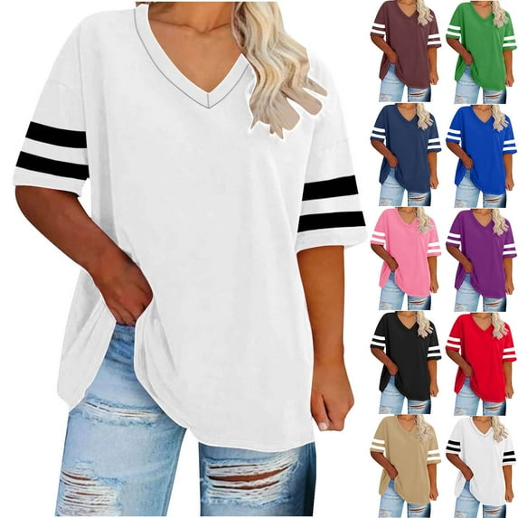Kmdttou Womens Plus Size T-Shirts Oversized-neck Short Sleeved Solid Summer Base Shirt Sports T-shirt on Clearance (Size:XL-5XL)