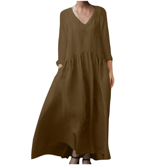 Kmdttou Womens Spring And Summer V-Neck Solid And Linen Casual Pocket Long Sleeved Dress,Women's Long Dresses Flowy Maxi for Beach